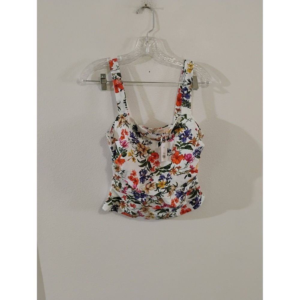 Olivaceous Floral Corset Top White Multi Draped Cowl Neck Ruched Zipper Back S
